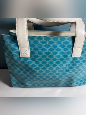 Authentic Vintage Celine Macadam Triomphe Bag Teal Coated Canvas & White Leather